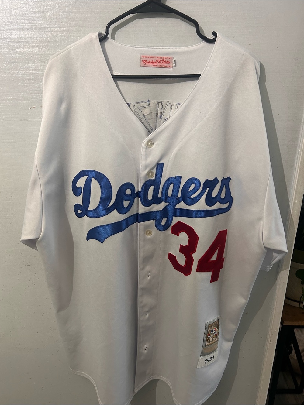 Mitchell & Ness White Baseball Jersey with Blue Stitching - Picture 1 of 6